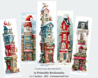 Christmas Bookshop Bookmarks, Watercolor Town, Holiday Craft Digital Download