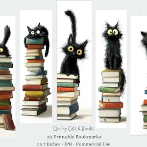 May include: Five quirky bookmarks with illustrations of black cats on piles of books. The cats have large yellow eyes and are in various poses. The bookmarks measure 5 x 18 cm and feature the text "Quirky Cats & Books".