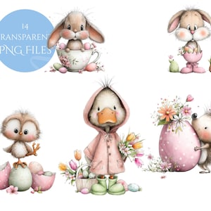 May include: A collection of watercolour illustrations featuring Easter characters. A bunny in a teacup, a chick on an egg, and a duckling in a pink coat are shown. A hedgehog embraces a decorated egg. The image includes the text "14 TRANSPARENT PNG FILES".
