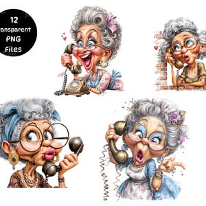 Quirky Granny Clip Art 12 High Res Watercolor JPGs Junk Journaling, Scrapbooking, Card Making, Digital Download, Funny Grandma Whimsical