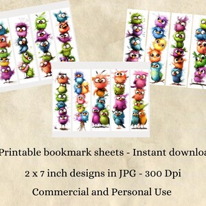 May include: Printable bookmark sheets featuring colorful cartoon owls. Each bookmark design is approximately 2 x 7 inches. The owls are stacked in whimsical arrangements, with a variety of colors including blue, green, pink, and orange.