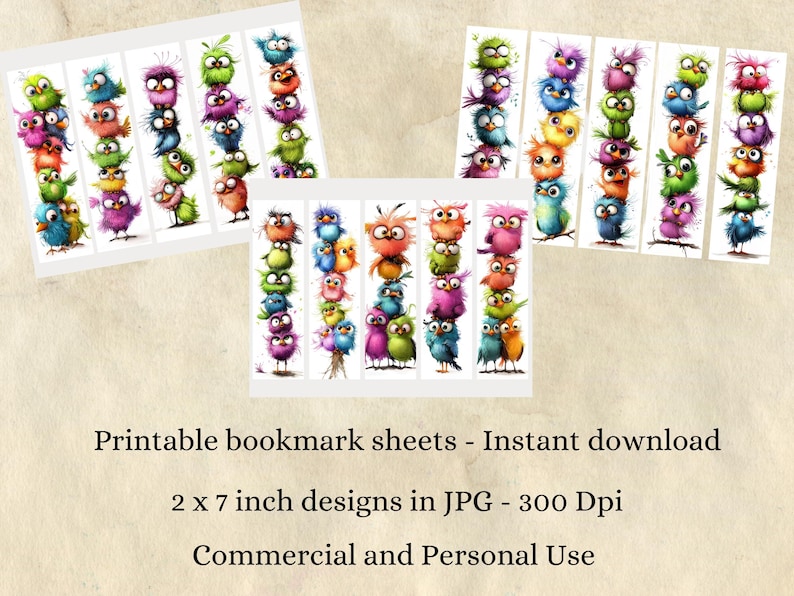 May include: Printable bookmark sheets featuring colorful cartoon owls. Each bookmark design is approximately 2 x 7 inches. The owls are stacked in whimsical arrangements, with a variety of colors including blue, green, pink, and orange.