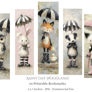 May include: Set of five printable bookmarks featuring woodland animals under umbrellas. The bookmarks, each 2 x 7 inches, depict an owl, rabbit, fox, badger, and a fluffy animal, all wearing rain boots. The text "RAINY DAY WOODLAND!" is included.