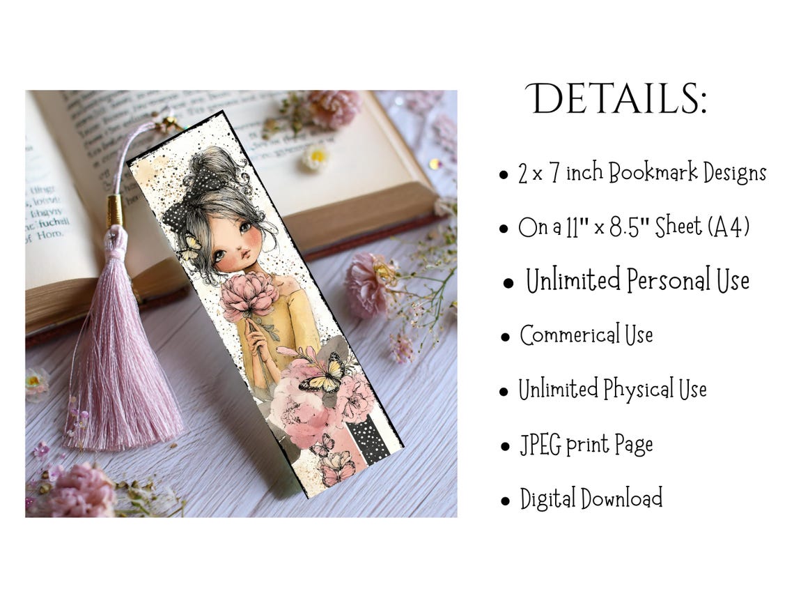 Girls & Flowers Printable Bookmarks, Kids Craft 16 JPG Bookmarks ...