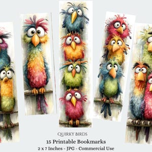 Quirky Birds Printable Bookmarks Digital Downloads 15 JPG files Bookmark Sheets Kids Craft Funny Birds Bookmarks Quirky Birds Bookmark Set