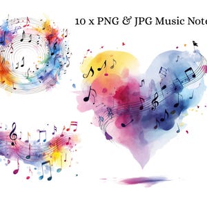 Watercolor music notes clipart, 10 JPG, Digital Download, Digital Paper Craft, Musical Clipart, Card Making, Invitation Making, Junk Journal