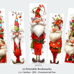 Op de afbeelding: Set van 12 bedrukbare kerstboekmarkeringen, elk 5 x 18 cm, met grillige illustraties van de kerstman. Elke bladwijzer toont een uniek Santa-ontwerp met cadeaus en feestelijke details, perfect voor lezen en cadeau geven.