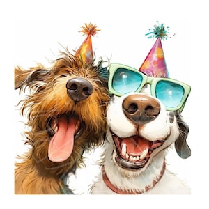May include: Digital illustration of two dogs smiling. One is brown with a party hat, the other white with sunglasses and a party hat. Both dogs have their tongues out, appearing happy and ready to celebrate.