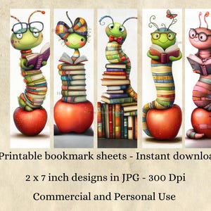 Speelse boekenwurmen - Printbare bladwijzers (10 JPG-bestanden) - Knutselideeën voor kinderen (digitale download) afbeelding 5