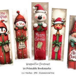 May include: Set of five Christmas-themed bookmarks featuring festive characters. Each bookmark showcases a different character, including a penguin, snowman, polar bear, reindeer, and Santa Claus, all emerging from red gift boxes. The bookmarks are approximately 2 x 7 inches.
