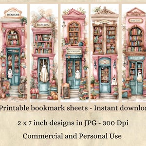 May include: Watercolor illustration of five bookstore-themed bookmarks. Each bookmark features a pink building with a blue door, filled with books. Ghosts and pumpkins decorate the scene. Text on the image reads "BOOKSTORE" and "Printable bookmark sheets - Instant download".