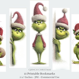 以下が含まれることがあります： 様々なポーズのGrinchが描かれた、赤いサンタ帽子と衣装を着た15枚の印刷可能なブックマークのセットです。各ブックマークは5 x 18 cmです。「GRINCH CHRISTMAS」のテキストが表示されています。
