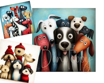 May include: A group of cartoon dogs with different coloured fur and expressions. The dogs are all looking at the viewer. The background is a light blue colour.