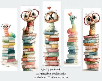 Quirky Book Worm Bookmarks, 15 Printable JPG Files Digital Download