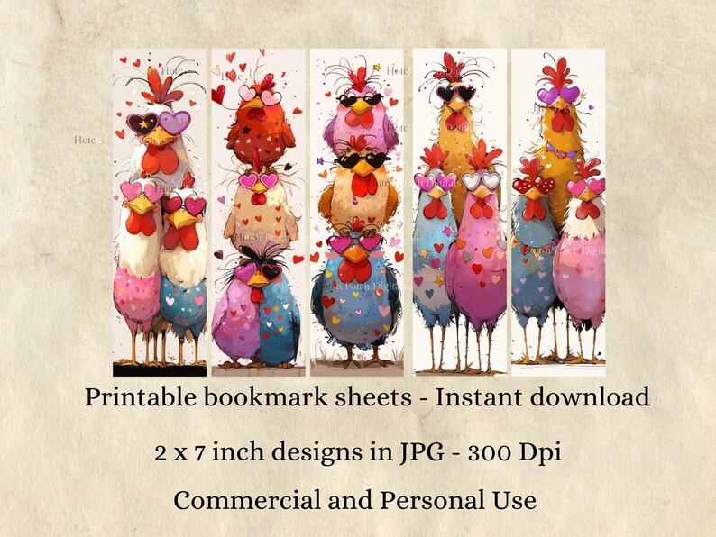 Puede incluir: Conjunto de marcap&aacute;ginas imprimibles con ilustraciones de gallos caprichosos. Cada gallo lleva gafas de sol en forma de coraz&oacute;n y patrones de coraz&oacute;n. Los marcap&aacute;ginas miden aproximadamente 5 x 18 cm.