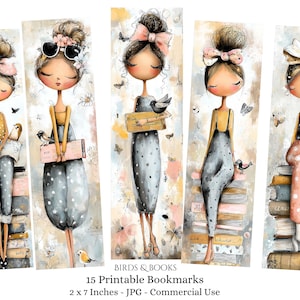 Quirky Girls Printable Bookmarks Digital Downloads 15 JPG files Bookmark Sheets Kids Craft Ladies Books Bookmarks Quirky Birds Bookmark Set