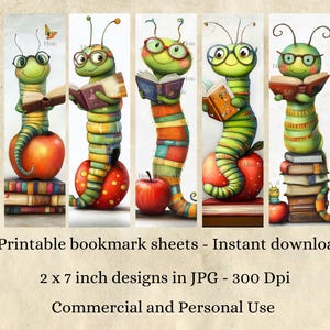 Speelse boekenwurmen - Printbare bladwijzers (10 JPG-bestanden) - Knutselideeën voor kinderen (digitale download) afbeelding 4