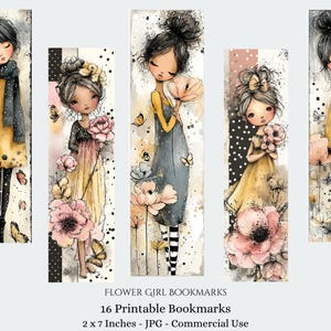 Puede incluir: Conjunto de 16 marcapáginas imprimibles con ilustraciones de acuarela de chicas florales. Cada marcapáginas mide 5 x 18 cm y muestra chicas con flores y mariposas. El texto dice: "FLOWER GIRL BOOKMARKS".