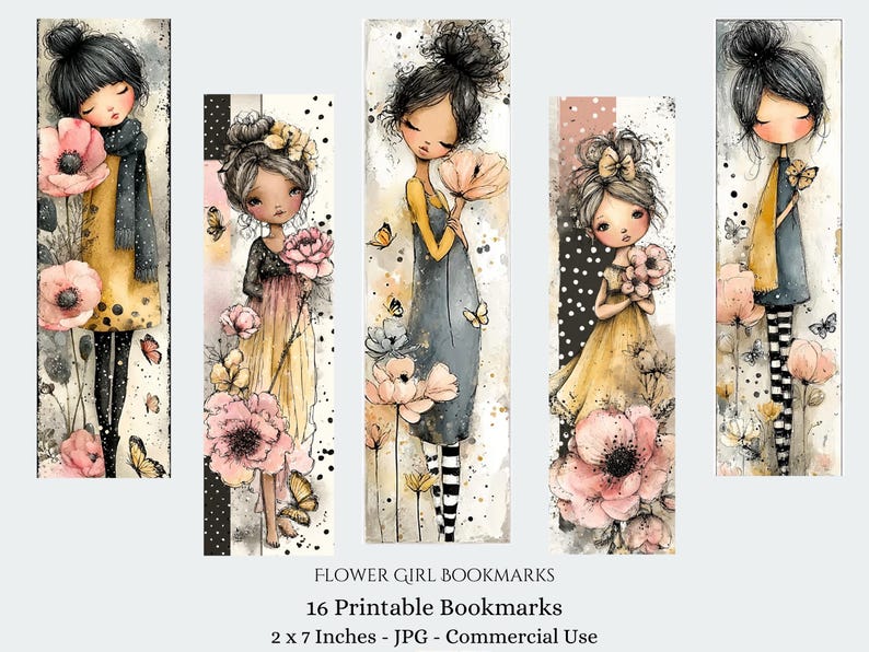 Girls & Flowers Printable Bookmarks, Kids Craft 16 JPG Bookmarks ...