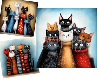 Skurrile Katzen Clip Art, hochauflösende JPGs in Aquarell (Digitaler Download)