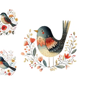 Clipart oiseaux scandinaves, oiseau floral, clipart aquarelle imprimable, 12 PNG de haute qualité, téléchargement numérique, créations en papier, journaux indésirables