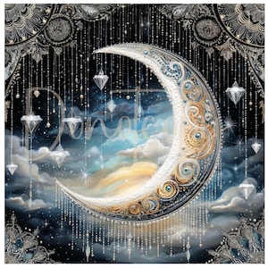 May include: A crescent moon with intricate gold and silver details, surrounded by a cascade of sparkling silver beads. The moon is set against a dark blue sky with clouds and stars.