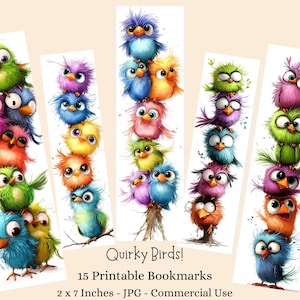 Witzige Vögel Lesezeichen Digitale Downloads 15 JPG-Dateien Lesezeichen Blätter Kinder Handwerk Lustige Lesezeichen Quirky Vögel Lesezeichen Set