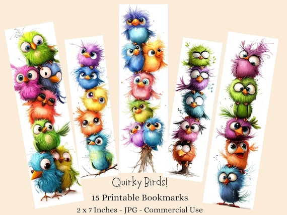 Quirky Birds Printable Bookmarks, Kids Craft 15 JPG Bookmarks Digital Download