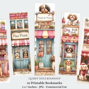 May include: Set of ten printable bookmarks featuring whimsical dog-themed illustrations. Each bookmark showcases a different dog breed in front of a dog book shop. The bookmarks are 2 x 7 inches.