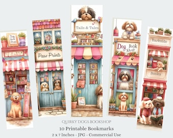 Whimsical Dogs Bookshop Bookmarks, Printable JPG Digital Download