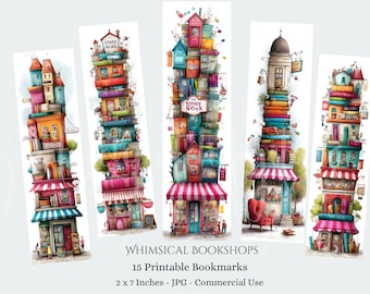 Whimsical Bookshop Bookmarks, Colorful Printable Book Stack 15 JPG Bookmarks Digital Download