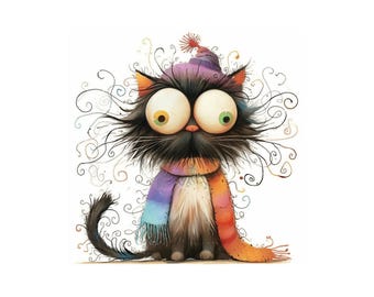 May include: A whimsical illustration of a black cat with oversized, expressive eyes. The cat wears a purple hat with a red pom-pom, and a colorful scarf. Swirls and curls emanate from the cat's head, adding to its playful appearance. The cat is sitting on a white background.