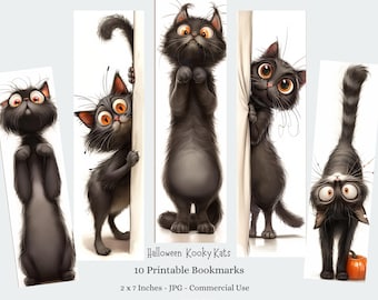 Halloween Cats Printable Bookmarks, Quirky Kids Craft 10 JPG Bookmarks Digital Download