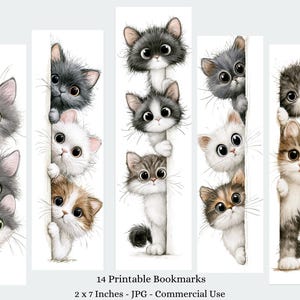 May include: A set of 14 printable bookmarks, each measuring 2 x 7 inches, featuring illustrations of fluffy kittens in various colors including gray, white, and brown, peeking out from behind vertical edges with large, expressive eyes.