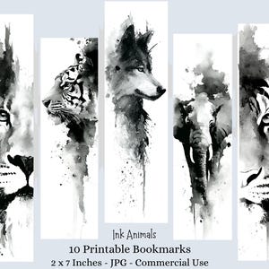 Könnte beinhalten: Set mit 10 druckbaren Lesezeichen mit Tinte-Illustrationen von Wildtieren, darunter ein Löwe, ein Tiger, ein Wolf und ein Elefant. Jedes Lesezeichen ist 5 x 18 cm groß und zeigt einen Schwarz-Weiß-Aquarellstil. Der Text "Ink Animals" ist ebenfalls enthalten.