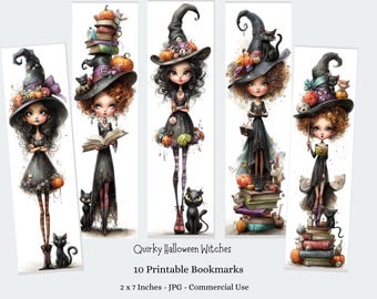 Halloween Witches Bookmarks, Quirky Kids Craft Digital Download - 15 Printable Bookmarks