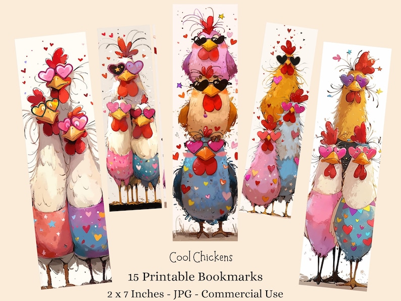 Puede incluir: Un conjunto de 15 marcap&aacute;ginas imprimibles con pollos de dibujos animados que llevan gafas de sol y gafas en forma de coraz&oacute;n. Los pollos son de varios colores, con detalles de corazones y estrellas. Cada marcap&aacute;ginas mide 5 x 18 cm.