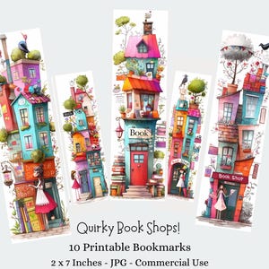 Marcadores de página imprimíveis Whimsical Books, downloads digitais, 10 arquivos JPG, folhas de marcadores, artesanato infantil, livrarias de papel, marcadores Fussy Cuts