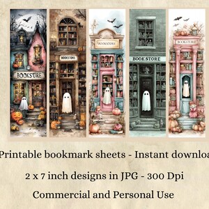 May include: A set of five watercolor bookmarks featuring whimsical bookstore facades with ghosts, pumpkins, and bats. Each bookmark is approximately 2 x 7 inches. The designs are available for instant download and are suitable for commercial and personal use.
