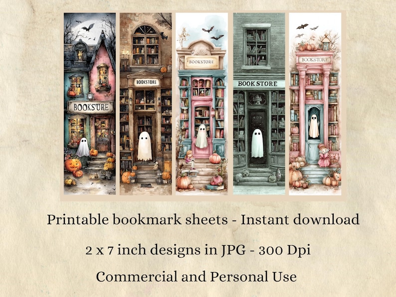 May include: A set of five watercolor bookmarks featuring whimsical bookstore facades with ghosts, pumpkins, and bats. Each bookmark is approximately 2 x 7 inches. The designs are available for instant download and are suitable for commercial and personal use.