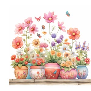 Op de afbeelding: Waterverfillustratie van een bloementuin. Roze, oranje, gele, paarse en witte bloemen bloeien uit decoratieve potten. Vlinders fladderen tussen de bloesems, wat een vrolijke en kleurrijke scène creëert.