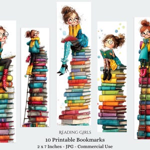 May include: Set of 10 printable bookmarks featuring illustrations of girls reading on stacks of books. Each bookmark is 2 x 7 inches. The girls wear glasses and colorful outfits. The bookmarks are suitable for commercial use.