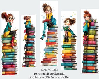 Op de afbeelding: Set van 10 bedrukte bladwijzers met illustraties van meisjes die op stapels boeken lezen. Elke bladwijzer is 5 x 18 cm. De meisjes dragen brillen en kleurrijke outfits. Geschikt voor commercieel gebruik.