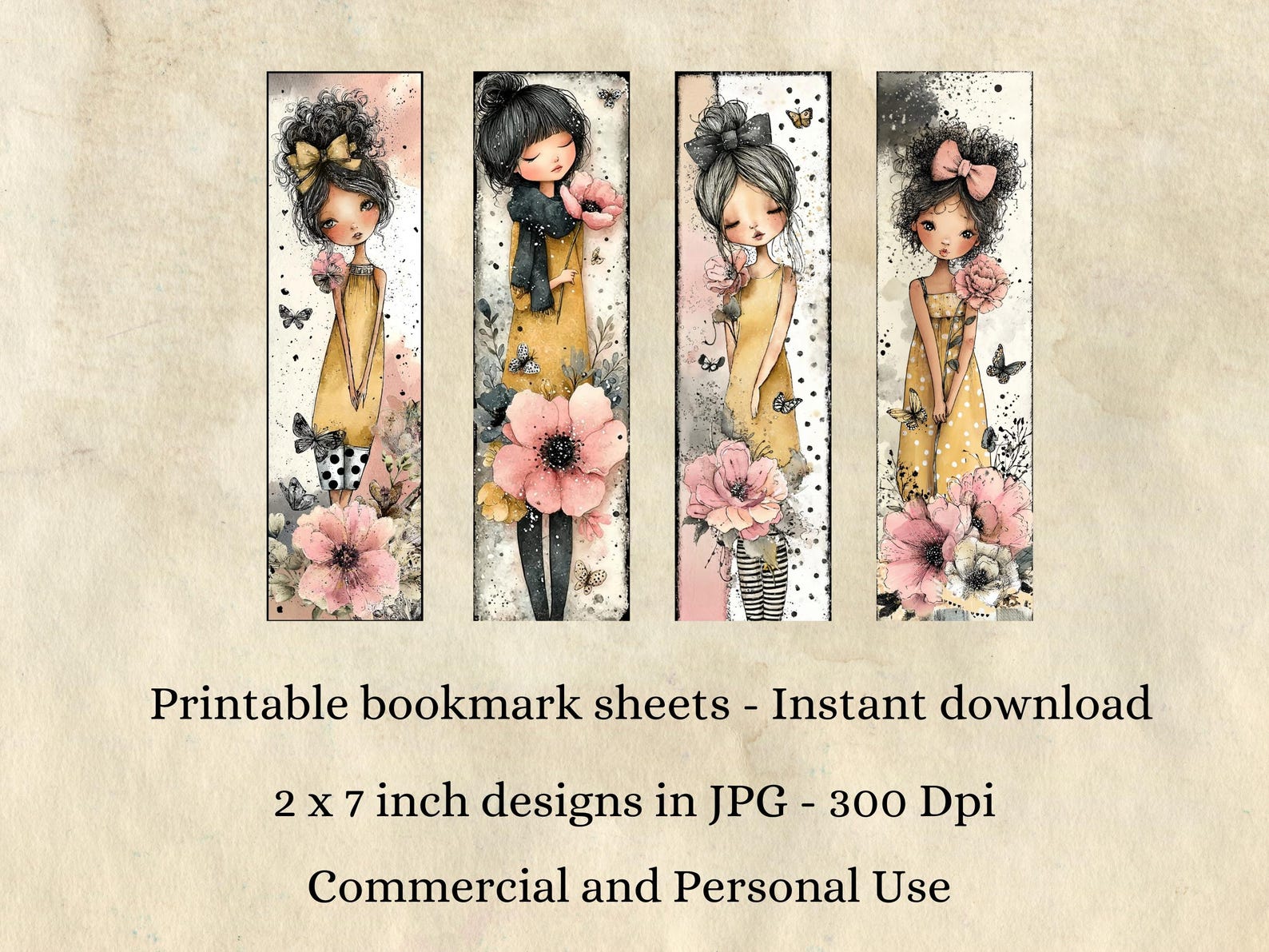 Girls & Flowers Printable Bookmarks, Kids Craft 16 JPG Bookmarks ...