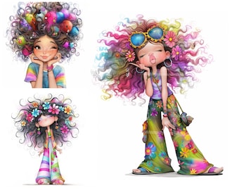 Boho Hippie Girl Clipart Bundle, Funky Whimsical Art (Instant Download)
