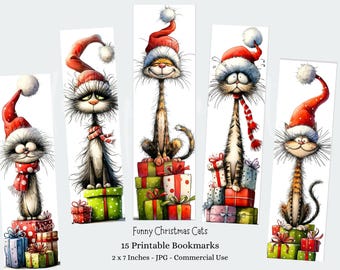 May include: Five whimsical bookmark designs featuring cartoon cats wearing Santa hats and scarves, perched atop stacks of wrapped gifts. The bookmarks are 2 x 7 inches in size, with the text "Funny Christmas Cats" and "15 Printable Bookmarks".