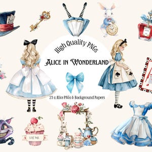 Alice in Wonderland PNG Clipart Bundle, Alice in Wonderland 25 PNG and JPG Files,  Junk Journal Mad Hatter Tea Party Ephemera, Paper Craft