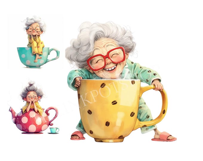 10 PNG Trendy Granny PNG Clipart – Funny Old Lady With Coffee and Phone ...