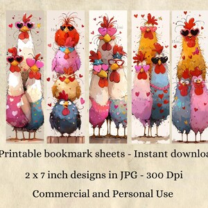 Puede incluir: Ilustraciones de acuarela de gallinas caprichosas con gafas de sol en forma de coraz&oacute;n y adornadas con corazones. La imagen presenta varios dise&ntilde;os de marcap&aacute;ginas, cada uno mostrando una disposici&oacute;n &uacute;nica de las gallinas. El texto dice: Hojas de marcap&aacute;ginas imprimibles - Descarga instant&aacute;nea, dise&ntilde;os de 2 x 7 pulgadas en JPG - 300 Dpi, Uso comercial y personal.
