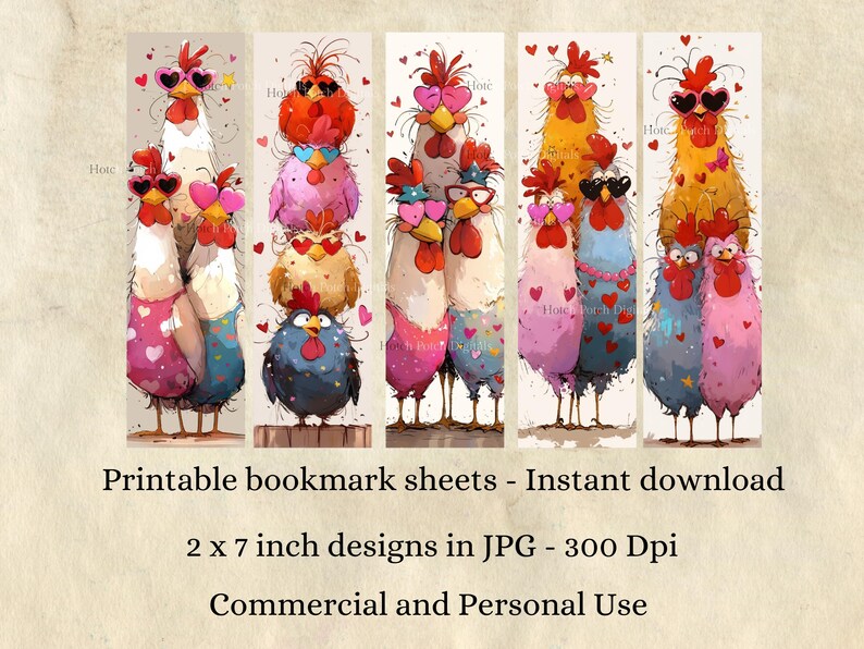 Puede incluir: Ilustraciones de acuarela de gallinas caprichosas con gafas de sol en forma de coraz&oacute;n y adornadas con corazones. La imagen presenta varios dise&ntilde;os de marcap&aacute;ginas, cada uno mostrando una disposici&oacute;n &uacute;nica de las gallinas. El texto dice: Hojas de marcap&aacute;ginas imprimibles - Descarga instant&aacute;nea, dise&ntilde;os de 2 x 7 pulgadas en JPG - 300 Dpi, Uso comercial y personal.